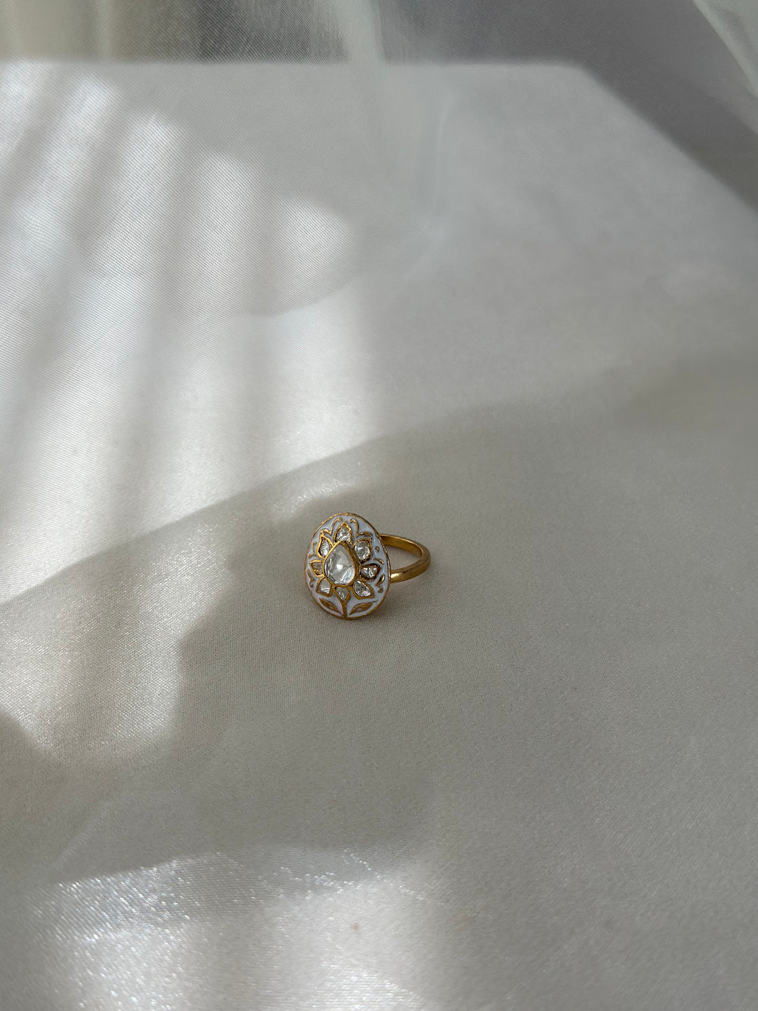White enamel and Moissanite Polki 92.5 fine silver gold plated adjustable statement ring