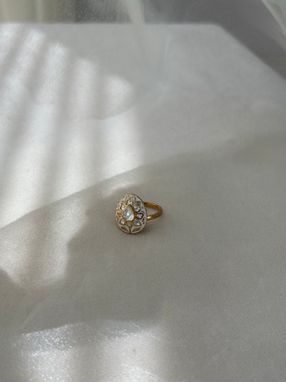 White enamel and Moissanite Polki 92.5 fine silver gold plated adjustable statement ring