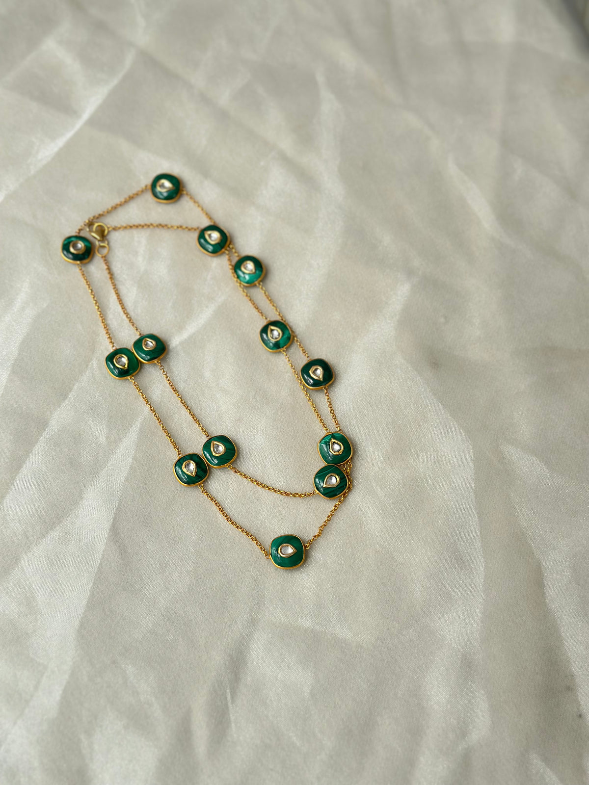 Emerald Cut and Kundan 92.5 fine silver gold plated 30-inch long statement necklace