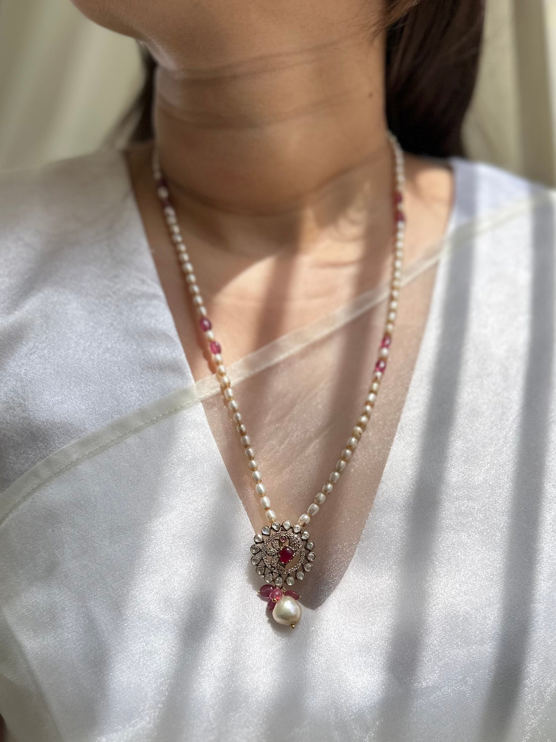 Rubellite natural pearl Moissanite Polki 92.5 fine silver gold plated necklace