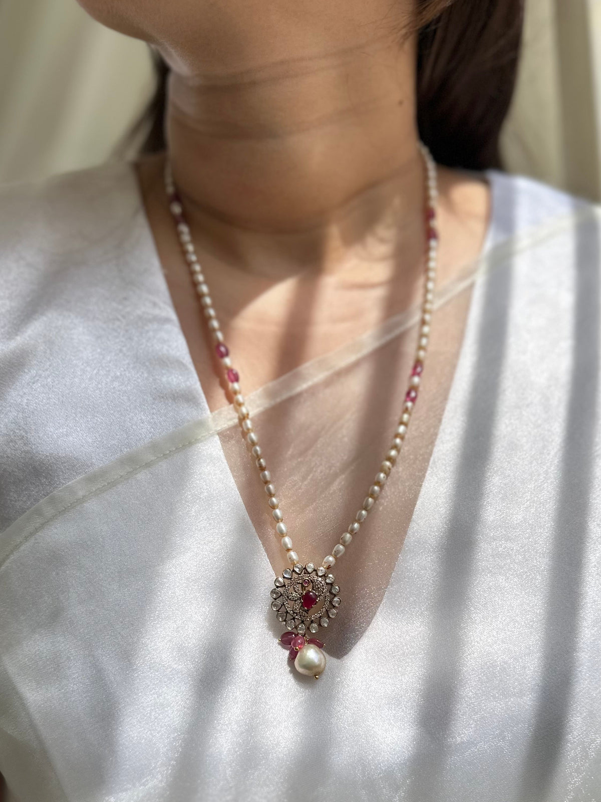 Rubellite natural pearl Moissanite Polki 92.5 fine silver gold plated necklace
