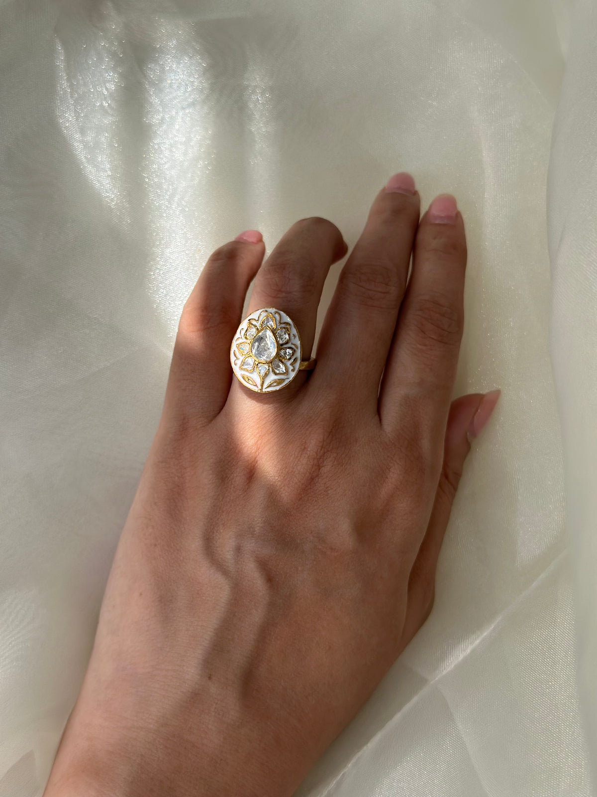 White enamel and Moissanite Polki 92.5 fine silver gold plated adjustable statement ring
