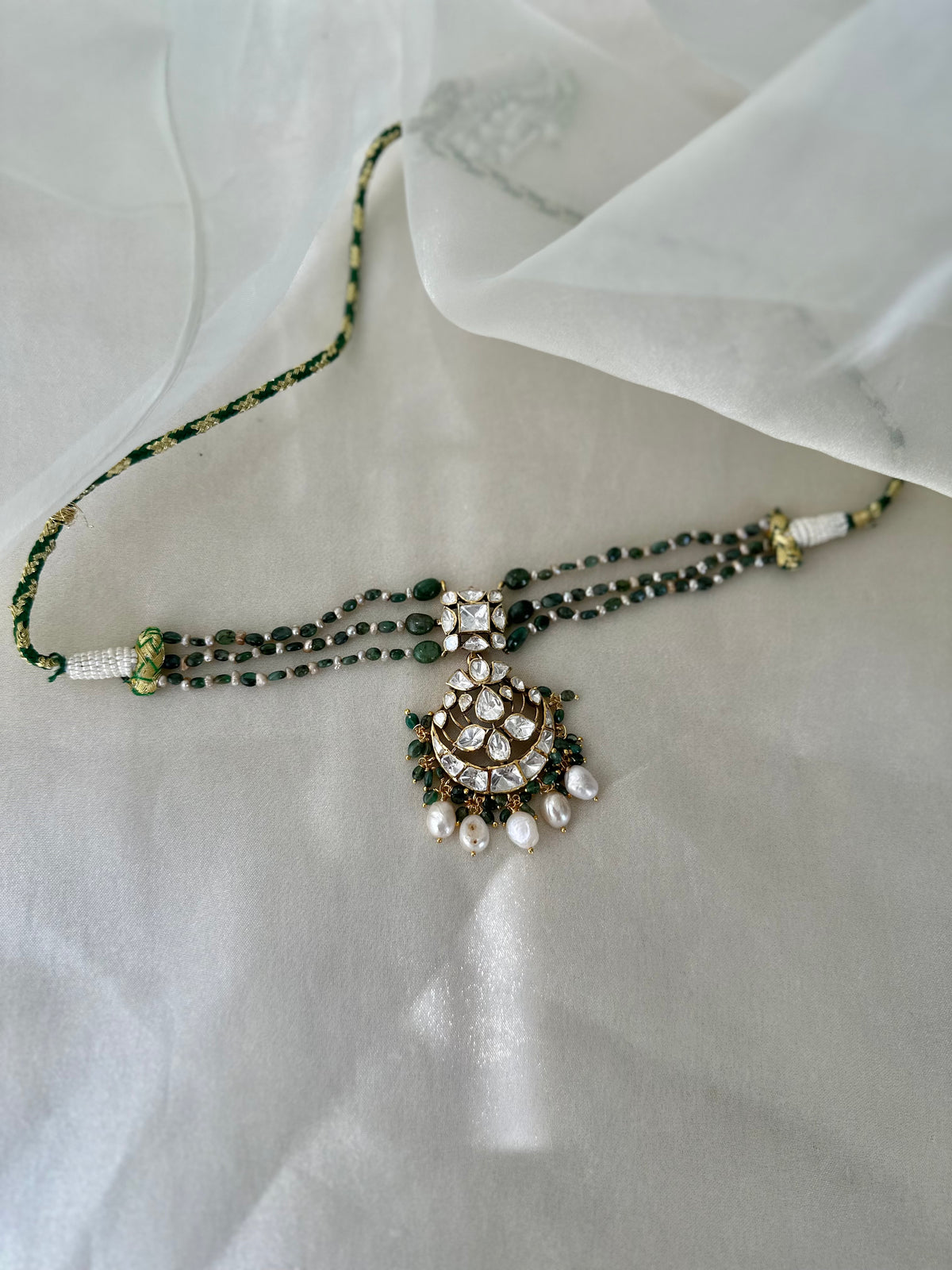 Natural pearl emerald and Moissanite Polki 92.5 fine silver gold plated statement choker