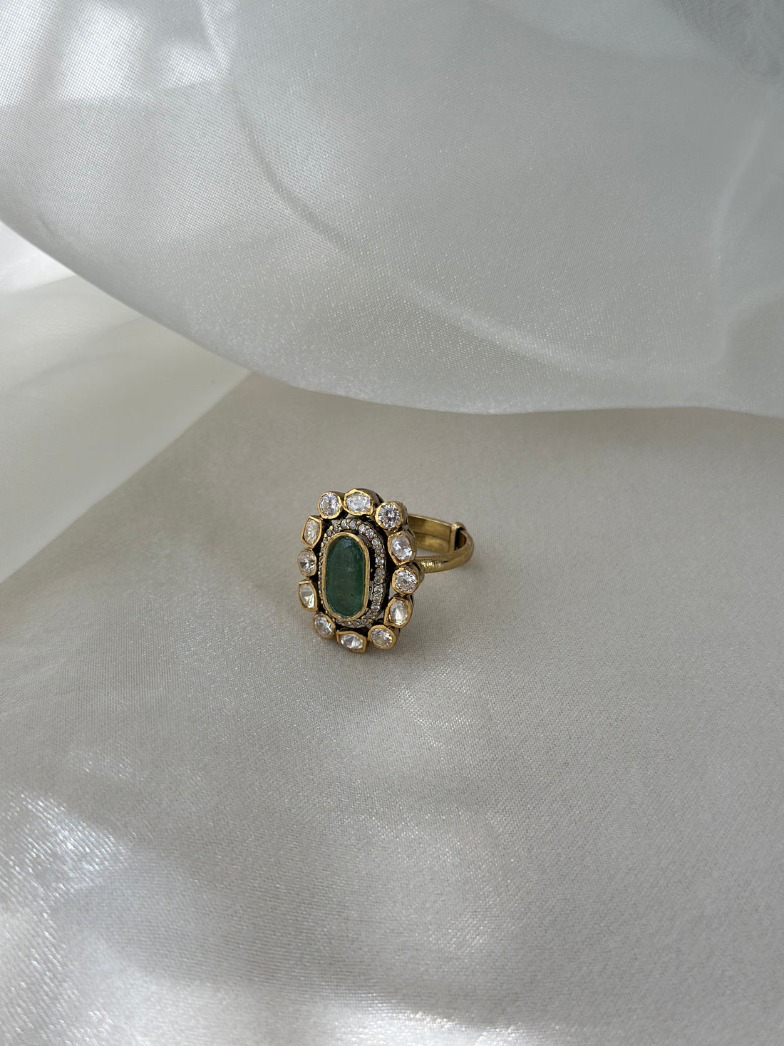 Emerald and Moissanite Polki 92.5 fine silver gold plated adjustable statement ring