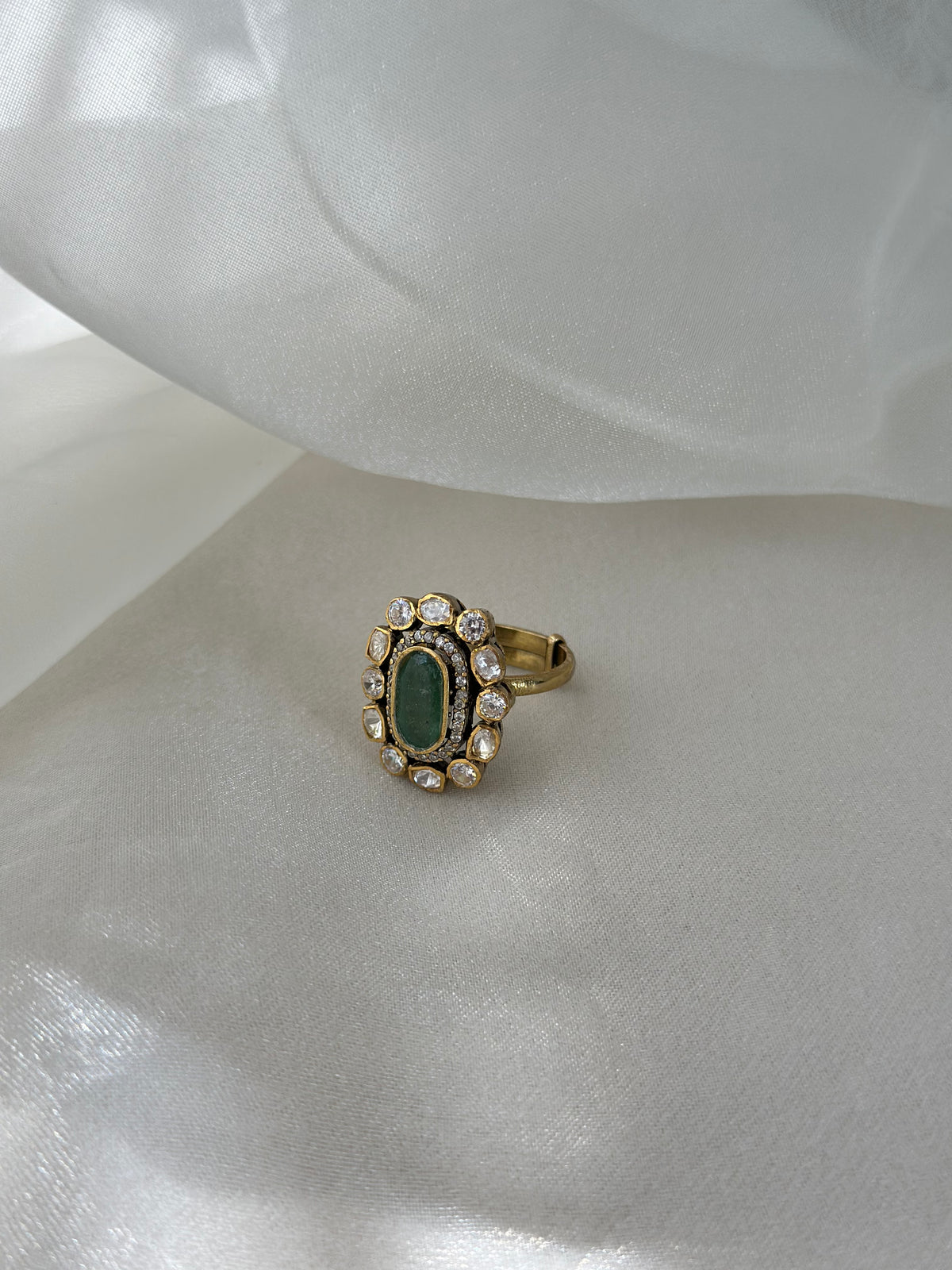 Emerald and Moissanite Polki 92.5 fine silver gold plated adjustable statement ring