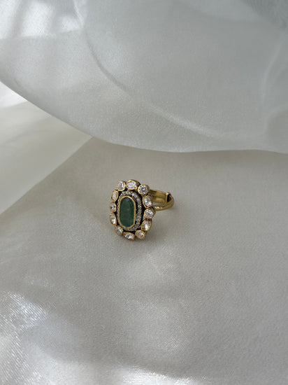 Emerald and Moissanite Polki 92.5 fine silver gold plated adjustable statement ring