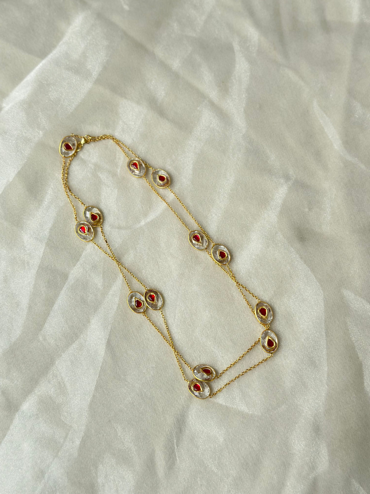 Clear Quartz and Red Kundan 92.5 fine silver gold plated 36-inch long statement necklace