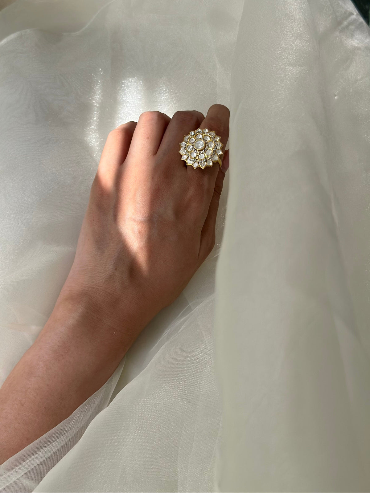 Moissanite Polki and Swarovski CZ 92.5 fine silver gold plated adjustable statement ring