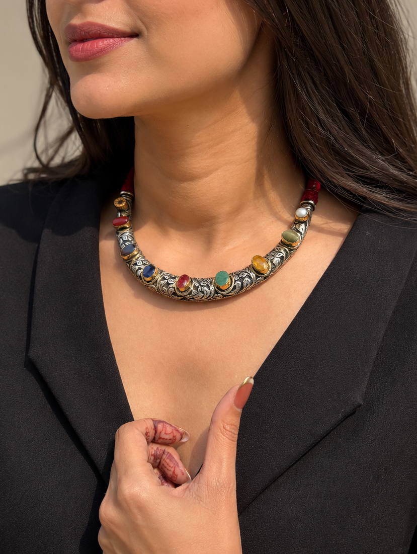 Dia Navratna sterling silver Hasli necklace with nine gemstones – Eterno India