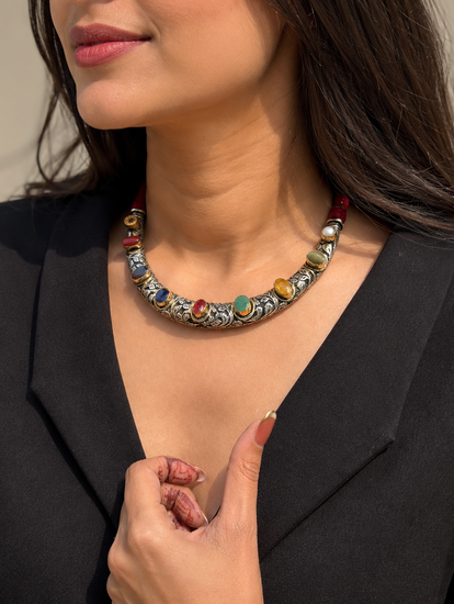 Dia Navratna sterling silver Hasli necklace with nine gemstones – Eterno India