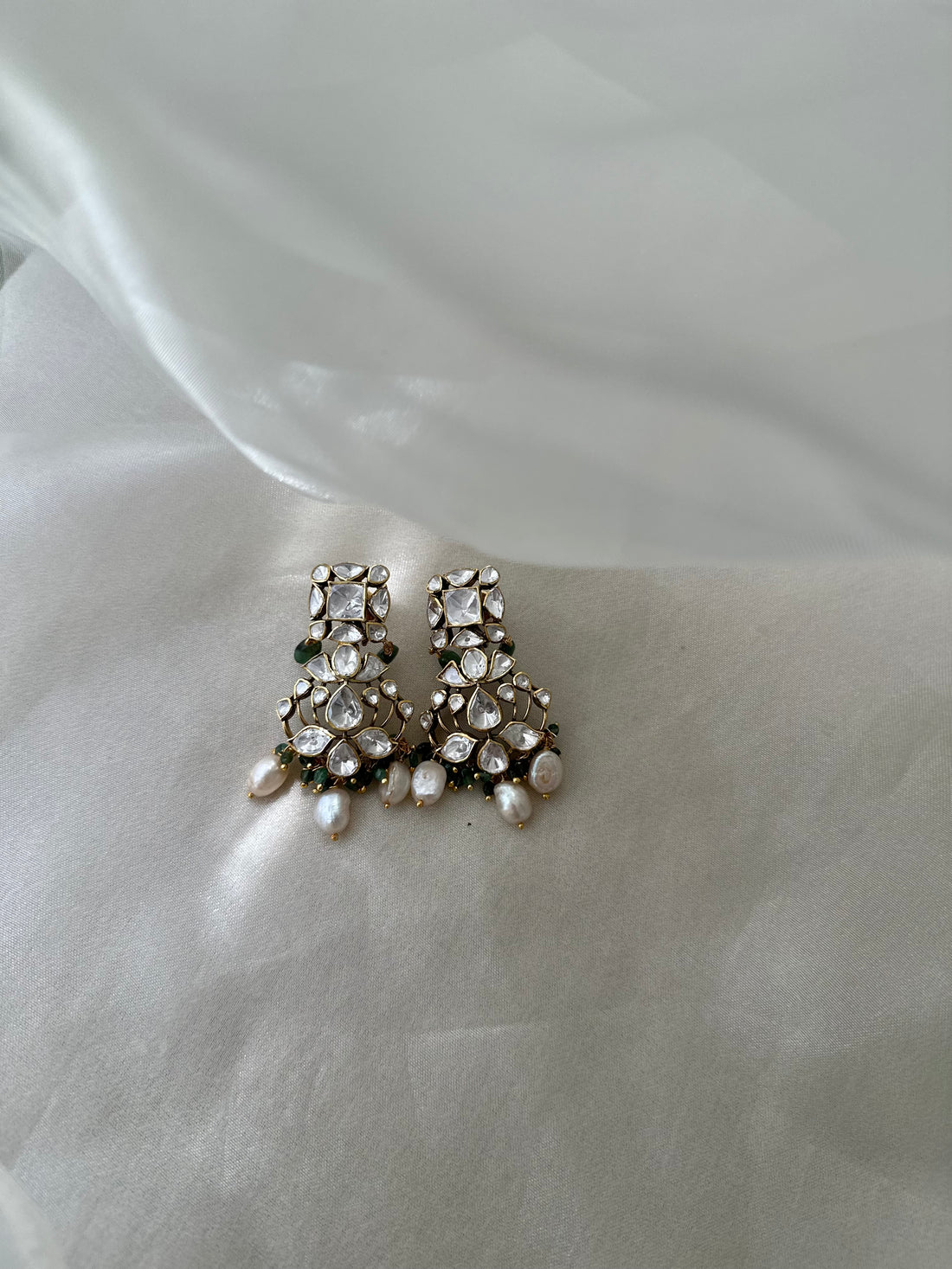 Moissanite Polki natural emerald and pearl 92.5 fine silver gold plated statement drop earrings