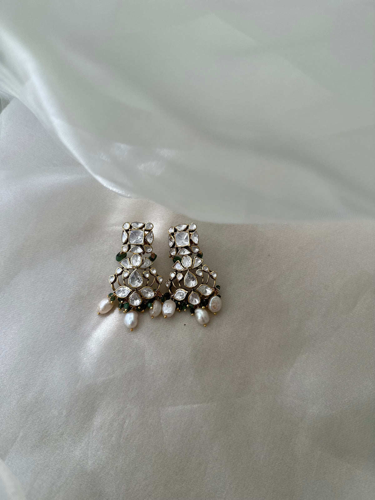 Moissanite Polki natural emerald and pearl 92.5 fine silver gold plated statement drop earrings