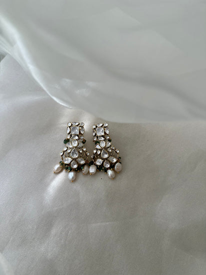 Moissanite Polki natural emerald and pearl 92.5 fine silver gold plated statement drop earrings