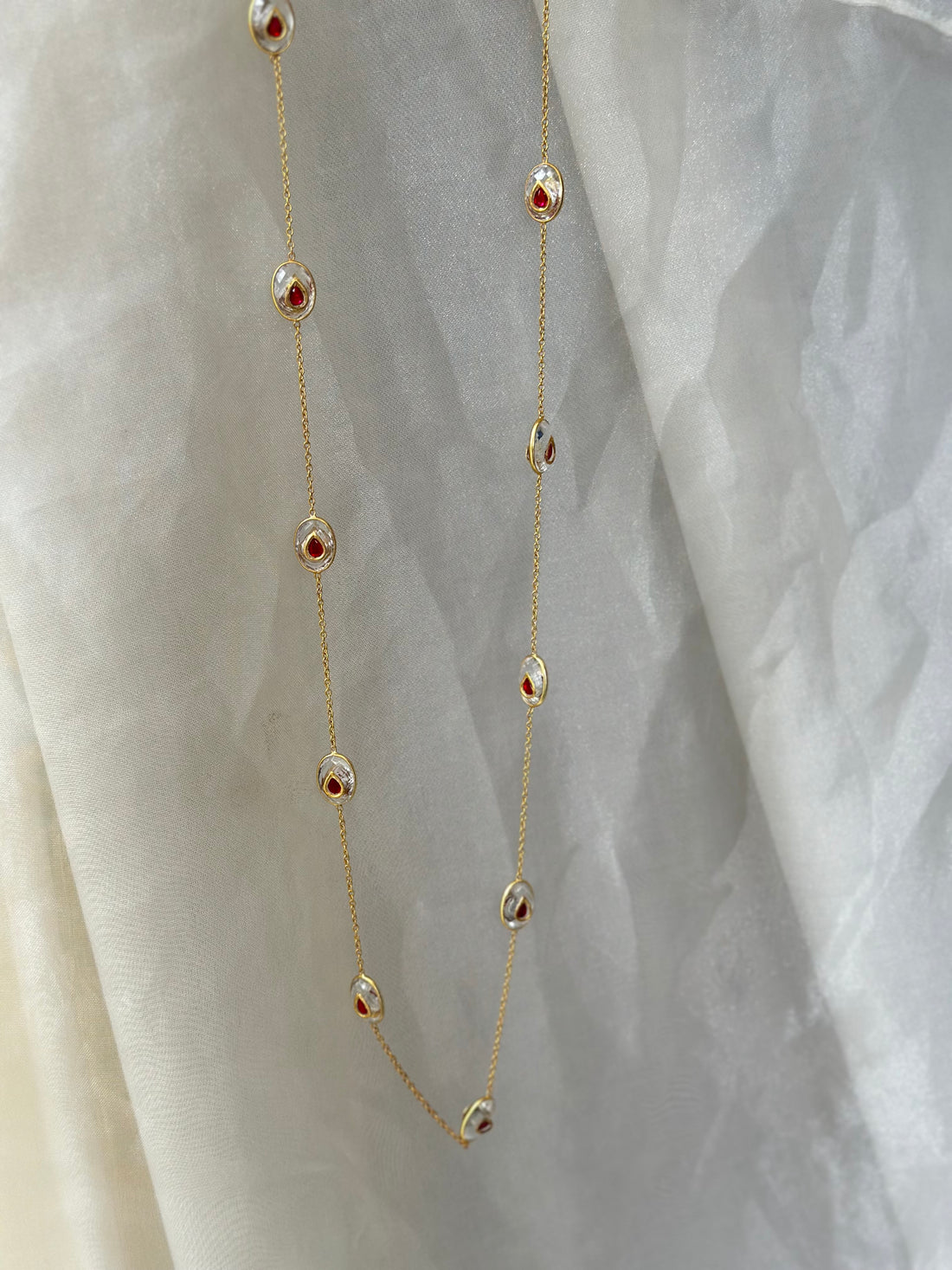 Clear Quartz and Red Kundan 92.5 fine silver gold plated 36-inch long statement necklace