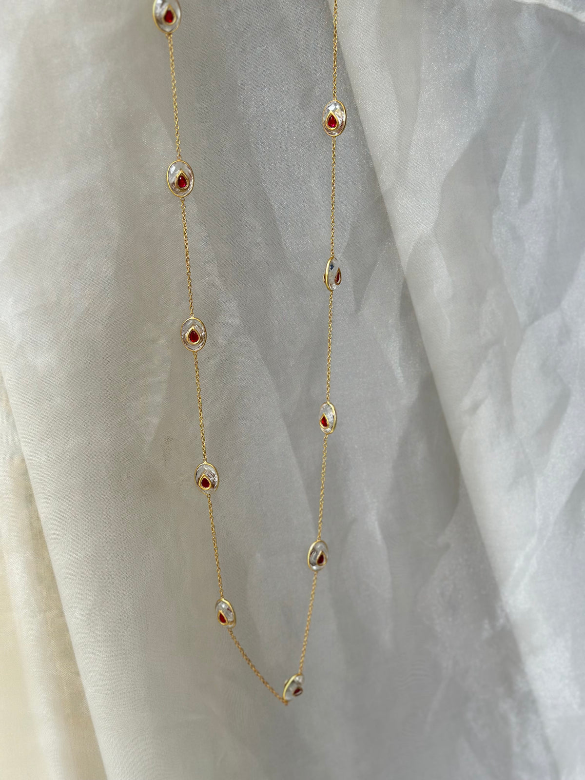 Clear Quartz and Red Kundan 92.5 fine silver gold plated 36-inch long statement necklace