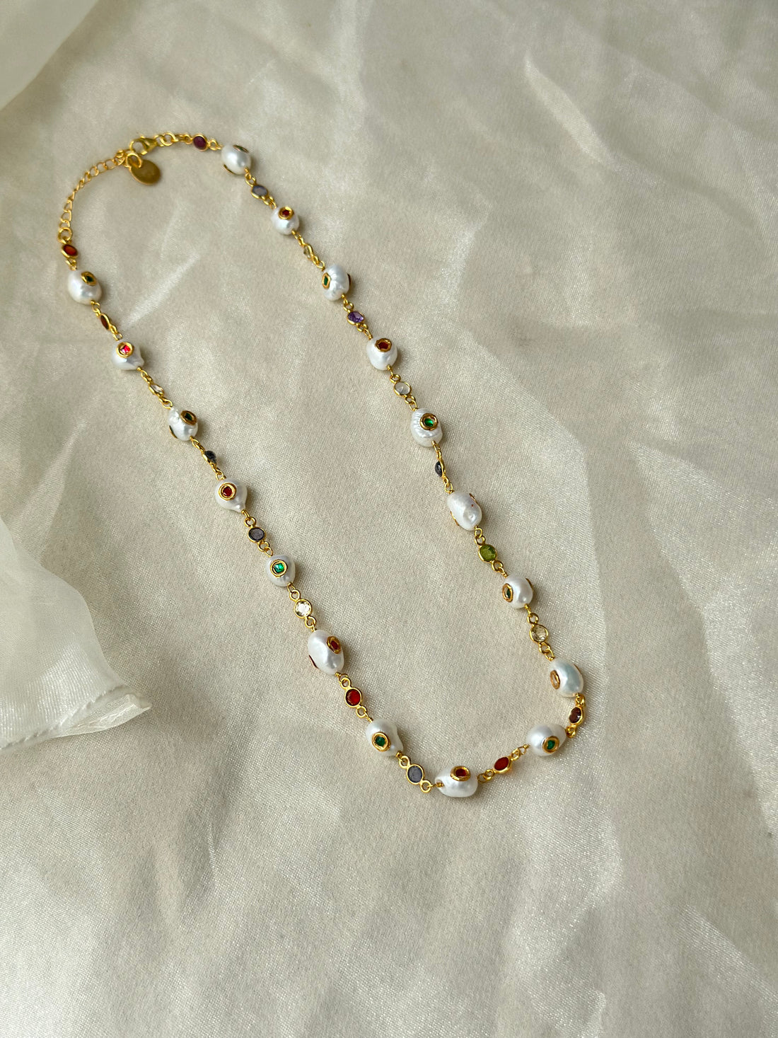 Natural uneven pearl and Green Red Kundan 92.5 fine silver gold plated statement necklace