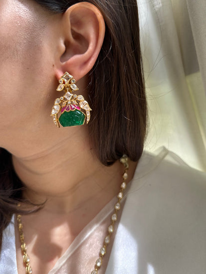 Carved Green Onyx Rubellite and Moissanite Polki 92.5 fine silver gold plated statement earrings