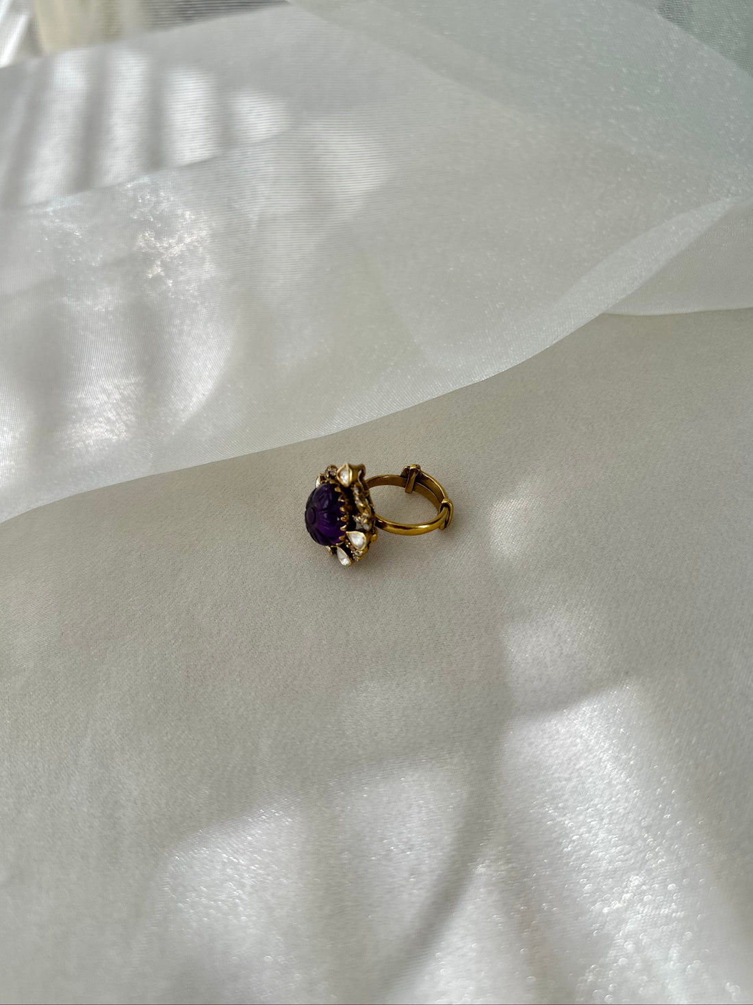 Carved Amethyst Moissanite Polki and Swarovski CZ 92.5 fine silver gold plated statement ring