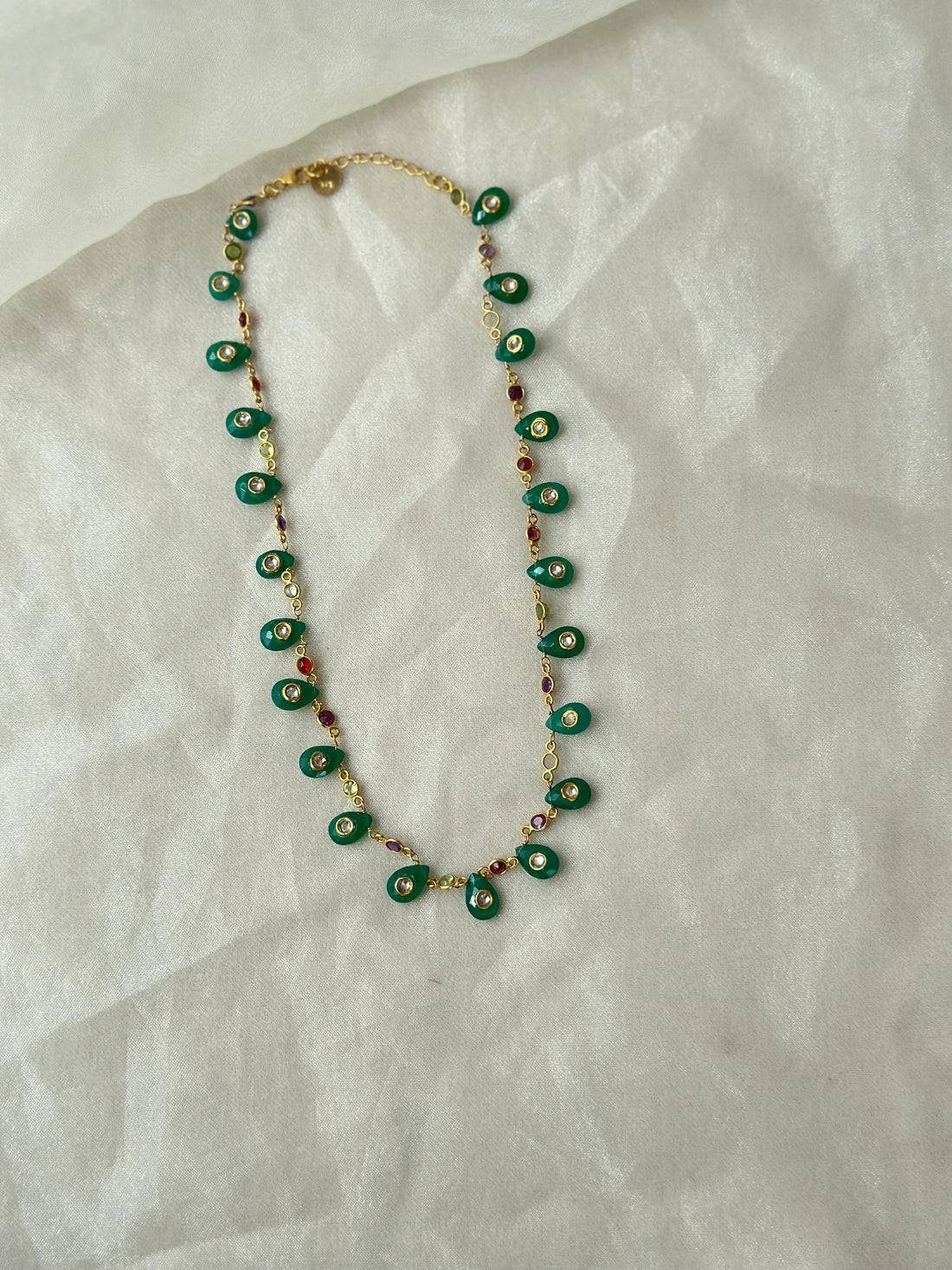 Green Onyx and Kundan 92.5 fine silver gold plated statement necklace with multicolour gemstones