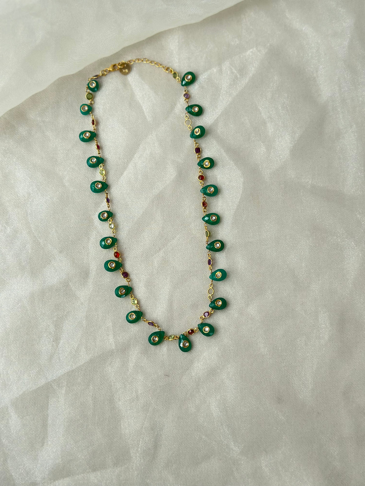 Green Onyx and Kundan 92.5 fine silver gold plated statement necklace with multicolour gemstones