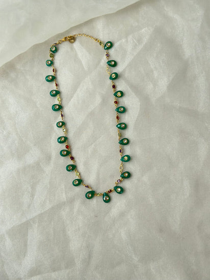 Green Onyx and Kundan 92.5 fine silver gold plated statement necklace with multicolour gemstones