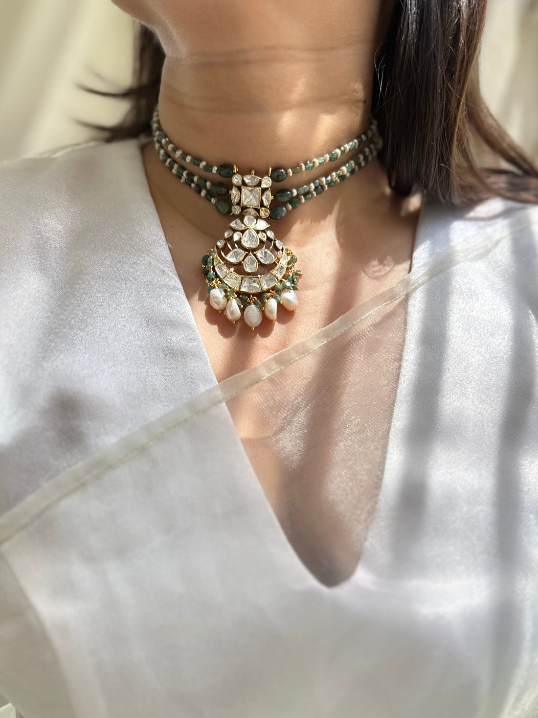Natural pearl emerald and Moissanite Polki 92.5 fine silver gold plated statement choker