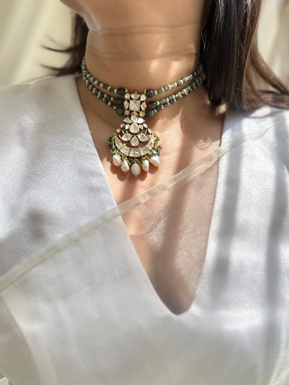Natural pearl emerald and Moissanite Polki 92.5 fine silver gold plated statement choker