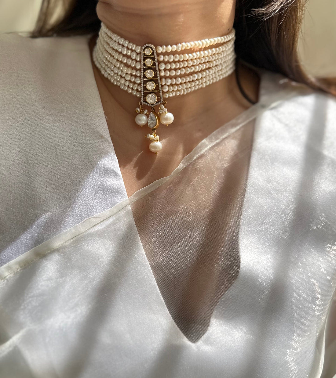 Natural pearl and Moissanite Polki 92.5 fine silver gold plated statement choker