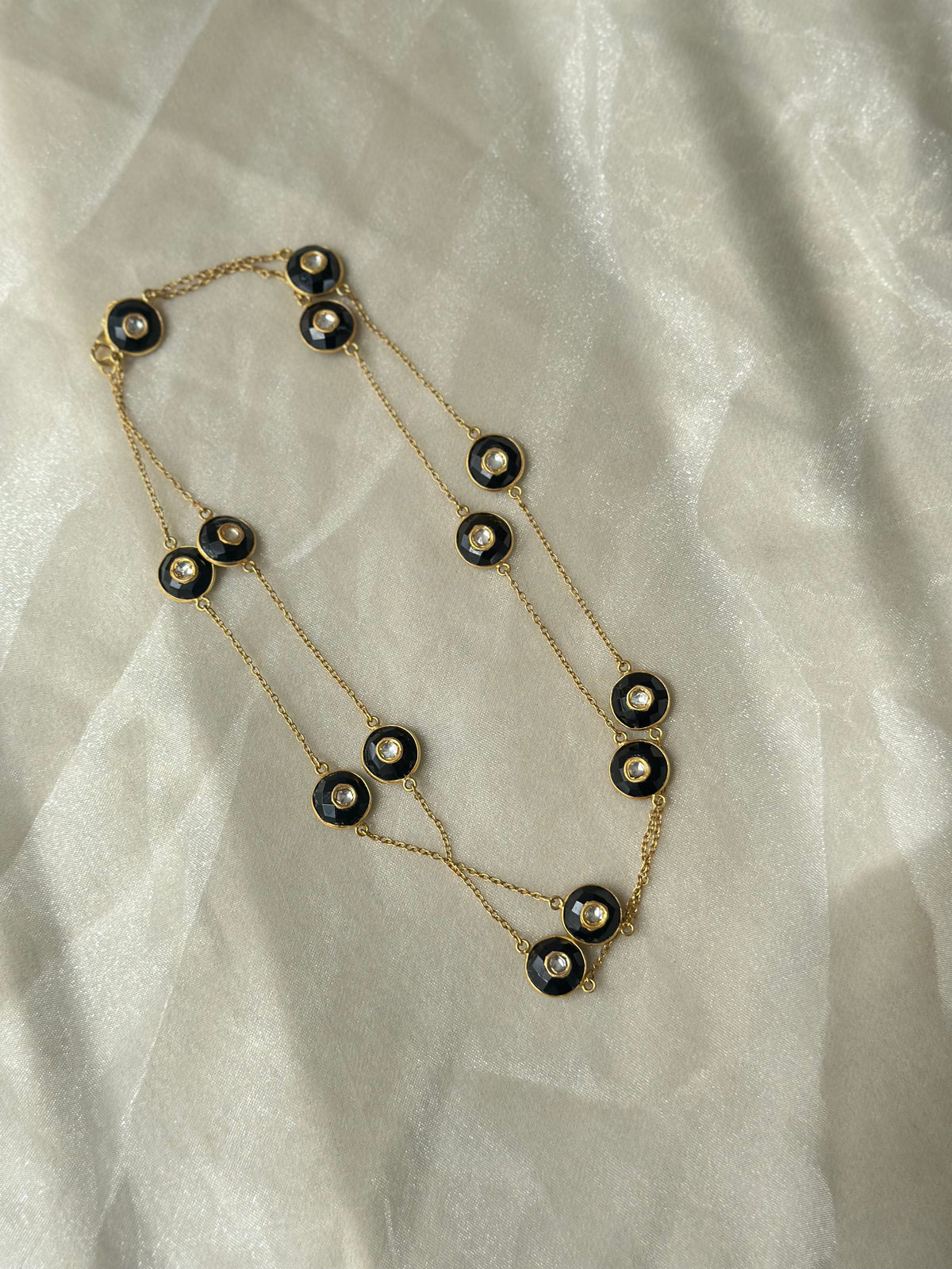 Black Onyx and Kundan 92.5 fine silver gold plated 34-inch statement necklace