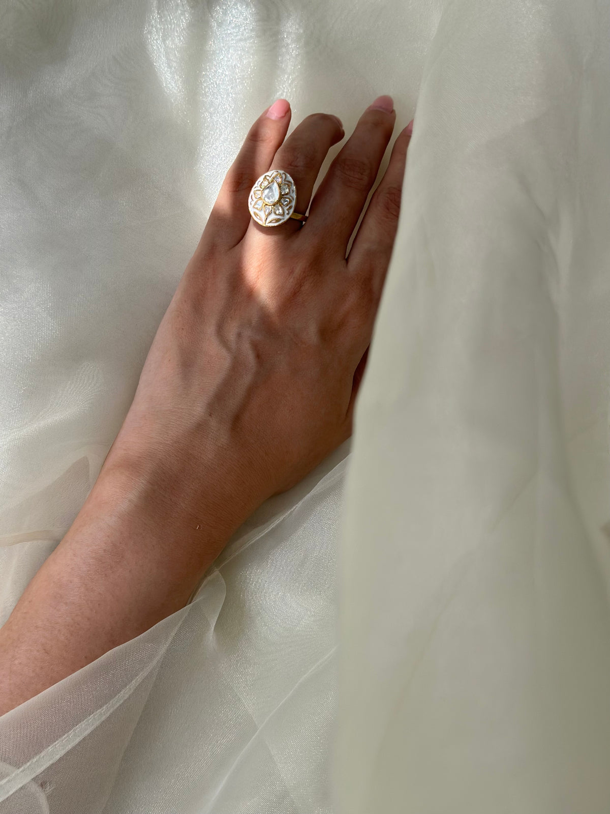 White enamel and Moissanite Polki 92.5 fine silver gold plated adjustable statement ring