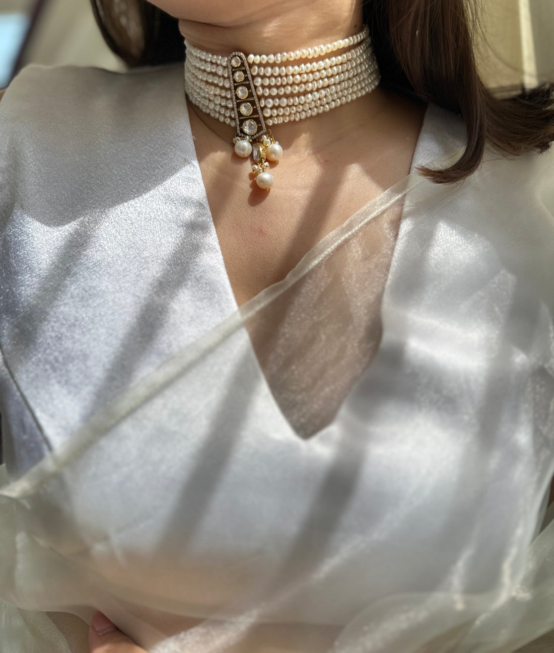 Natural pearl and Moissanite Polki 92.5 fine silver gold plated statement choker