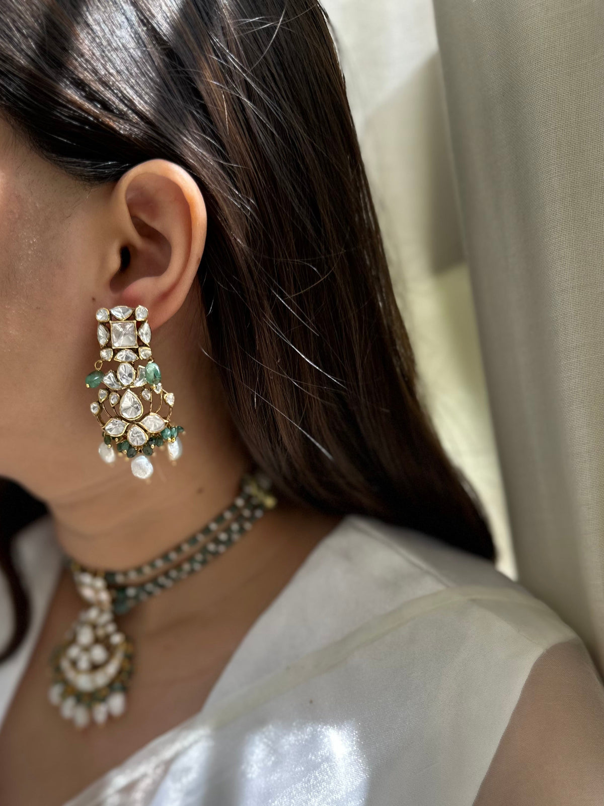 Moissanite Polki natural emerald and pearl 92.5 fine silver gold plated statement drop earrings