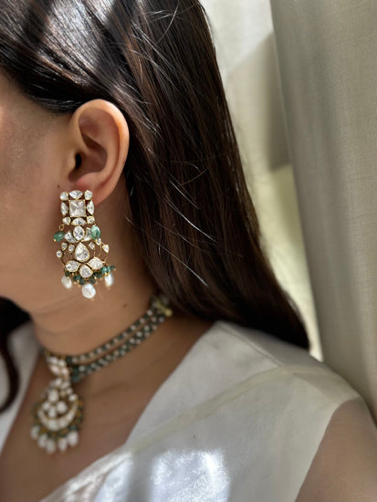 Moissanite Polki natural emerald and pearl 92.5 fine silver gold plated statement drop earrings