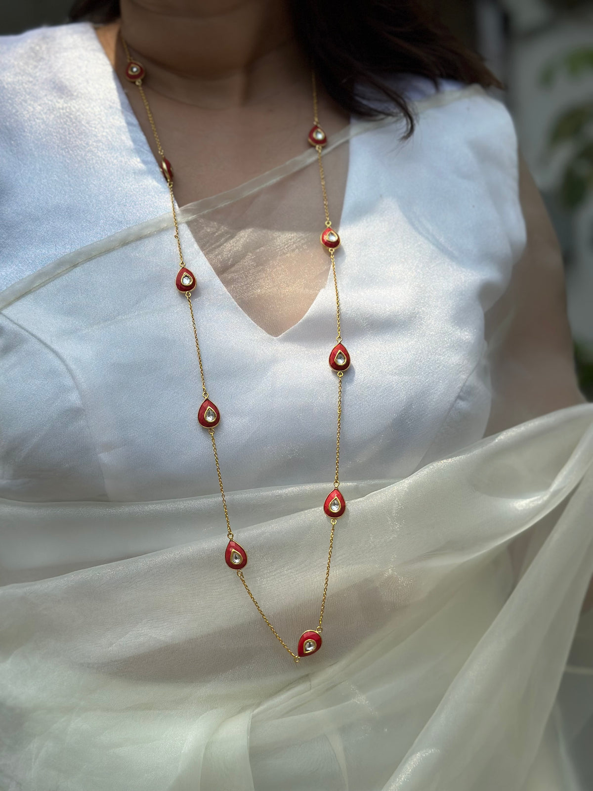 92.5 fine silver gold plated coral and white Kundan statement necklace, 35-inch Indian traditional jewellery