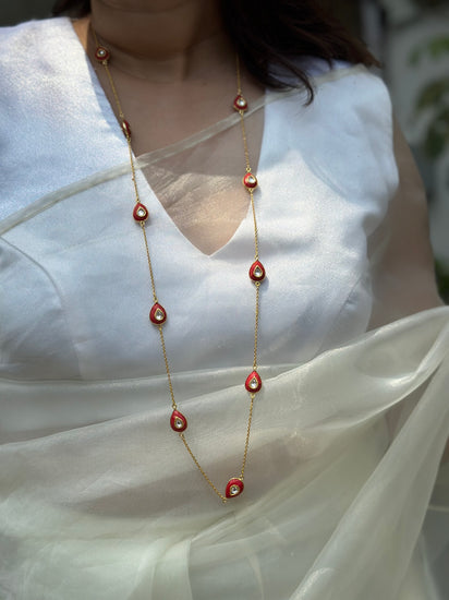 92.5 fine silver gold plated coral and white Kundan statement necklace, 35-inch Indian traditional jewellery