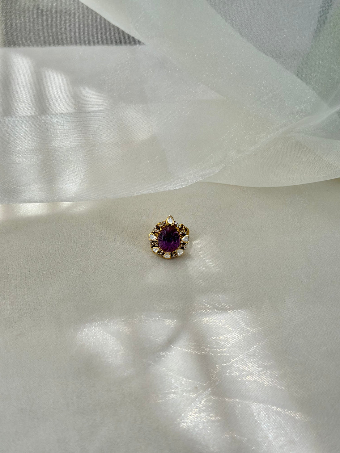 Carved Amethyst Moissanite Polki and Swarovski CZ 92.5 fine silver gold plated statement ring