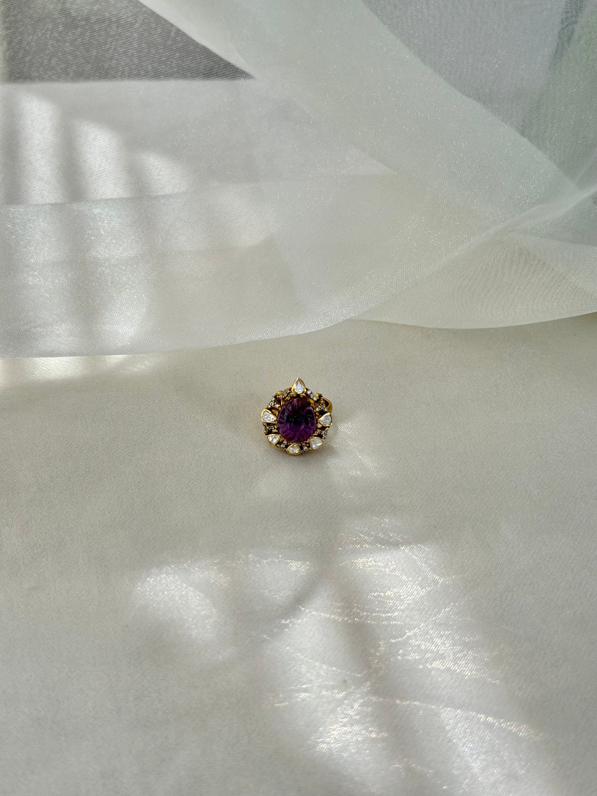 Carved Amethyst Moissanite Polki and Swarovski CZ 92.5 fine silver gold plated statement ring