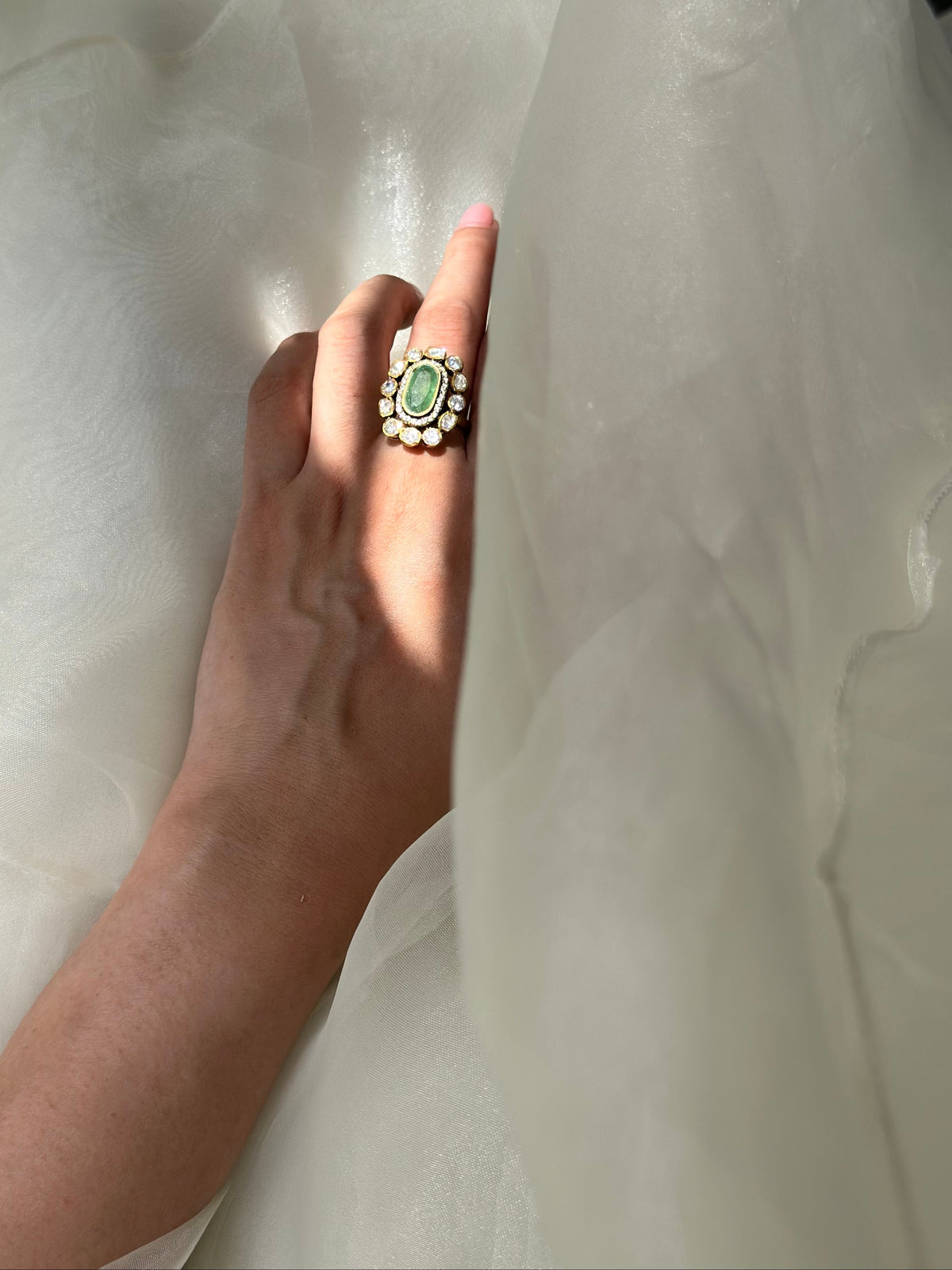 Emerald and Moissanite Polki 92.5 fine silver gold plated adjustable statement ring