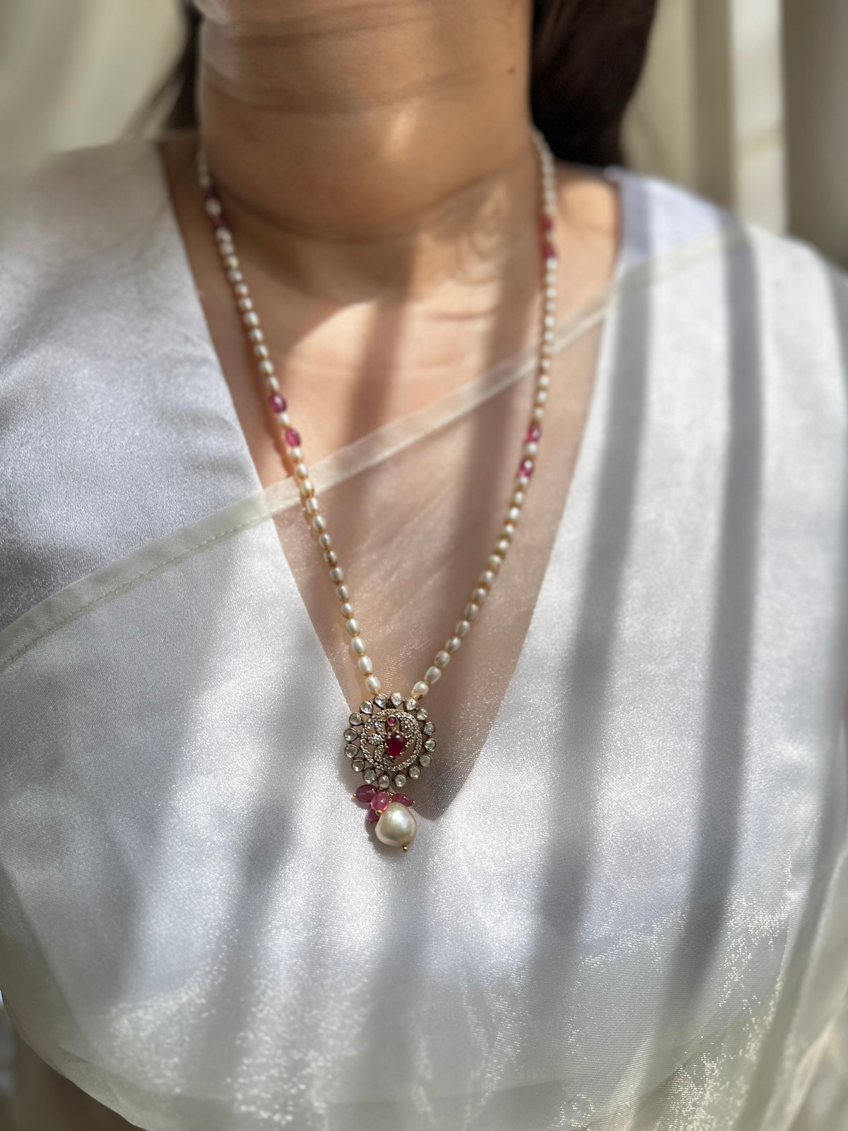 Rubellite natural pearl Moissanite Polki 92.5 fine silver gold plated necklace