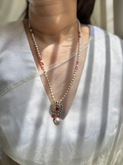 Rubellite natural pearl Moissanite Polki 92.5 fine silver gold plated necklace