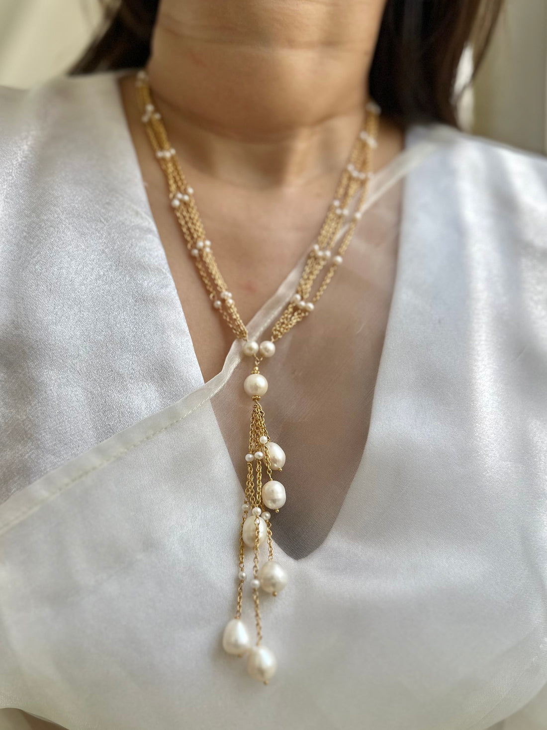 Natural pearl 92.5 fine silver gold plated 26-inch long statement necklace with pearl hanging