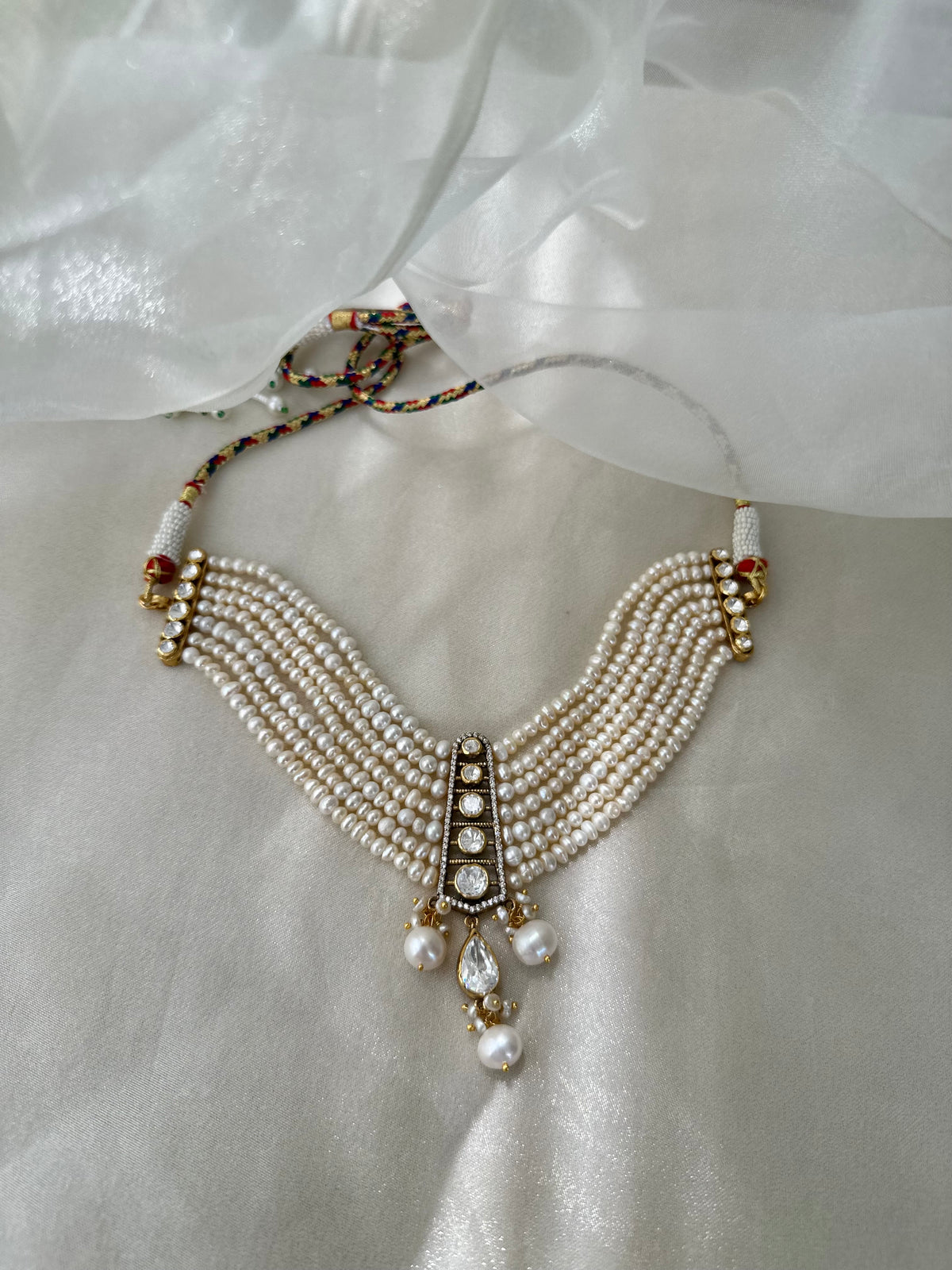 Natural pearl and Moissanite Polki 92.5 fine silver gold plated statement choker