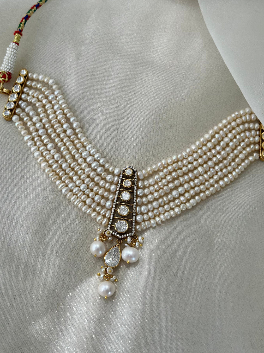Natural pearl and Moissanite Polki 92.5 fine silver gold plated statement choker