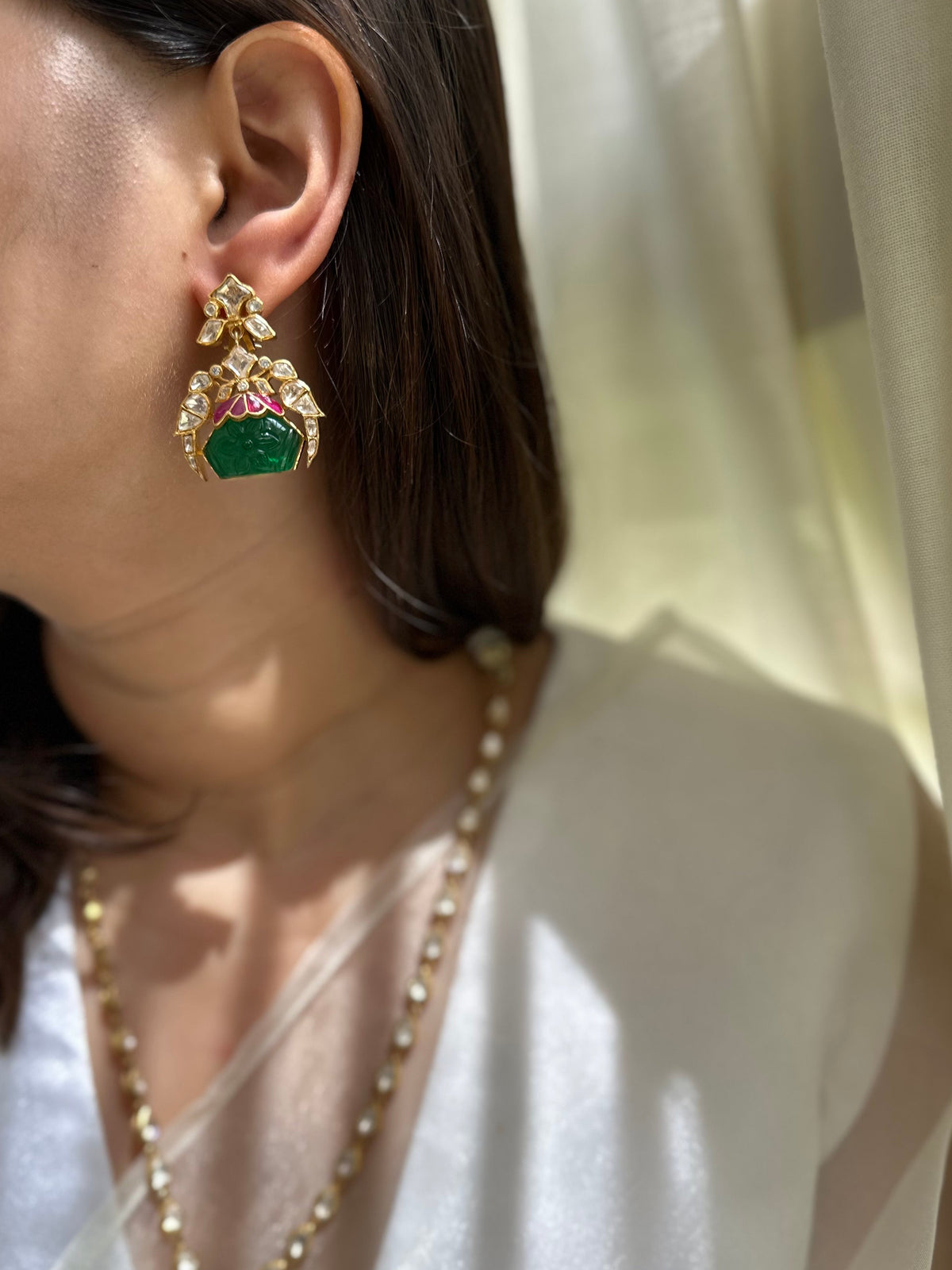Carved Green Onyx Rubellite and Moissanite Polki 92.5 fine silver gold plated statement earrings