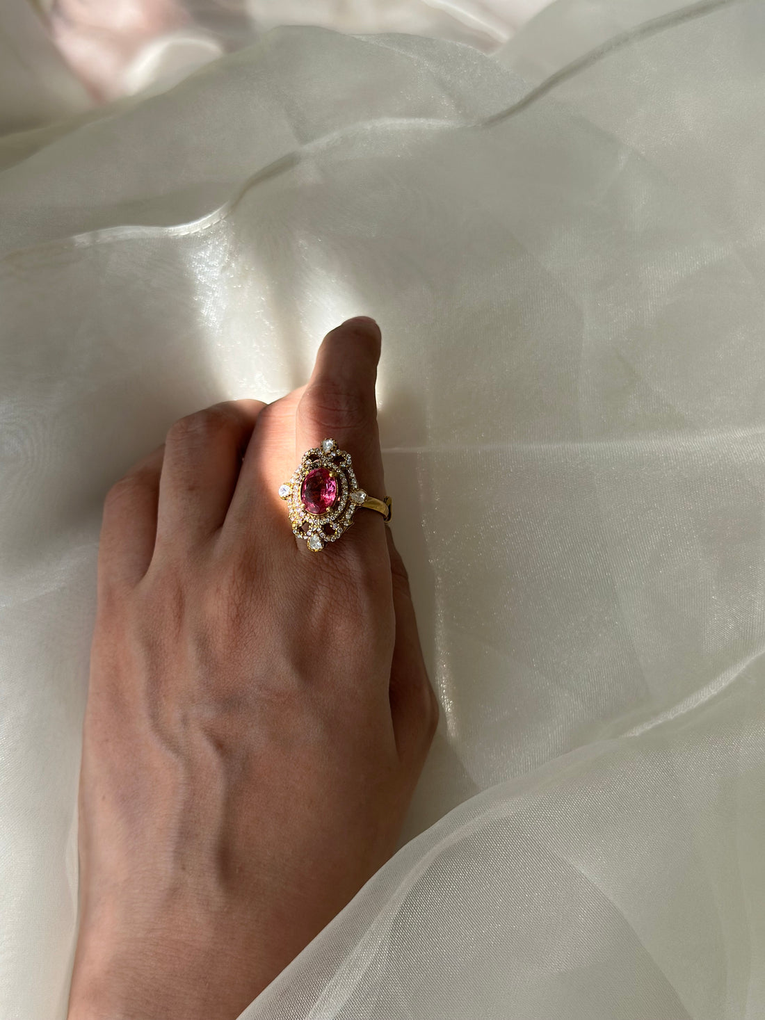 Rubellite Moissanite Polki and Swarovski CZ 92.5 fine silver gold plated adjustable statement ring
