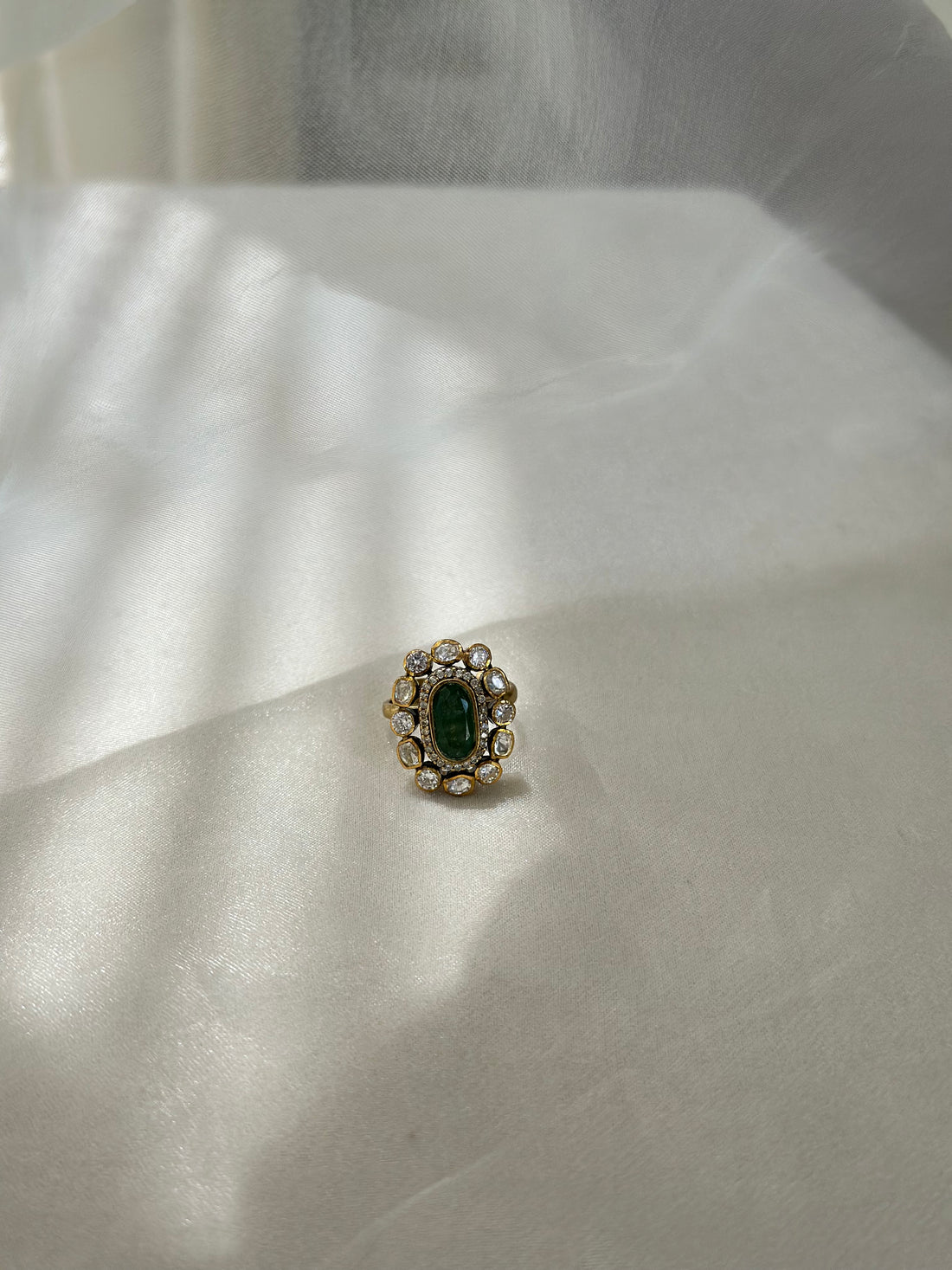 Emerald and Moissanite Polki 92.5 fine silver gold plated adjustable statement ring