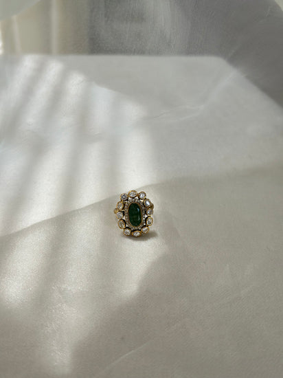 Emerald and Moissanite Polki 92.5 fine silver gold plated adjustable statement ring