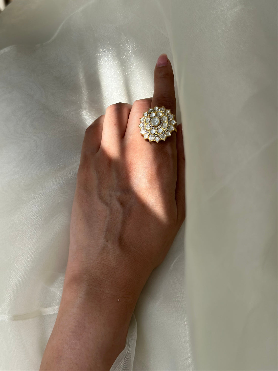 Moissanite Polki and Swarovski CZ 92.5 fine silver gold plated adjustable statement ring