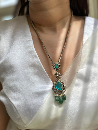 Green Onyx Moissanite Polki natural pearl 92.5 fine silver gold plated statement necklace