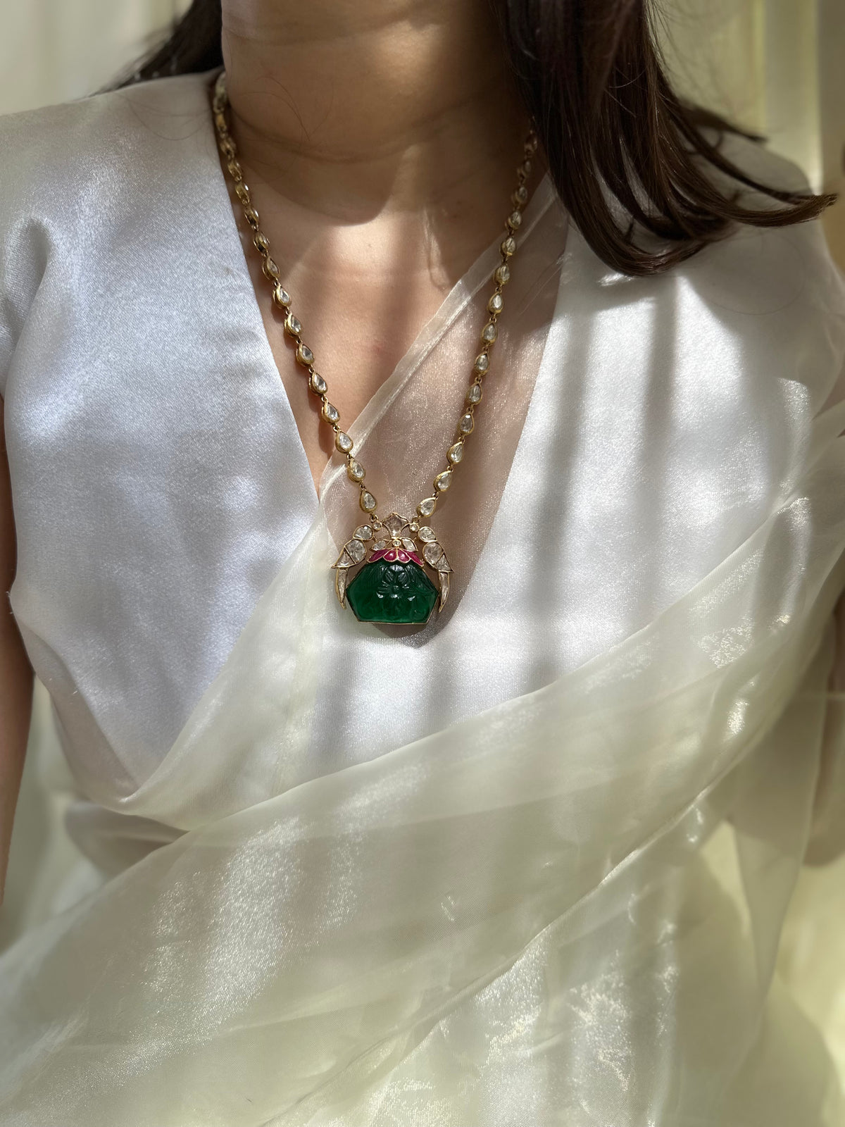 Green Onyx Rubellite Moissanite Polki 92.5 fine silver gold plated statement necklace